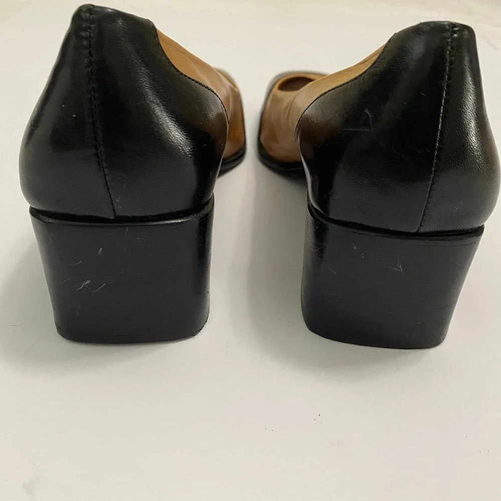 Etienne Aigner Two Tone Leather Pumps Tan Black Square Toe Block Heel Size 7.5 M